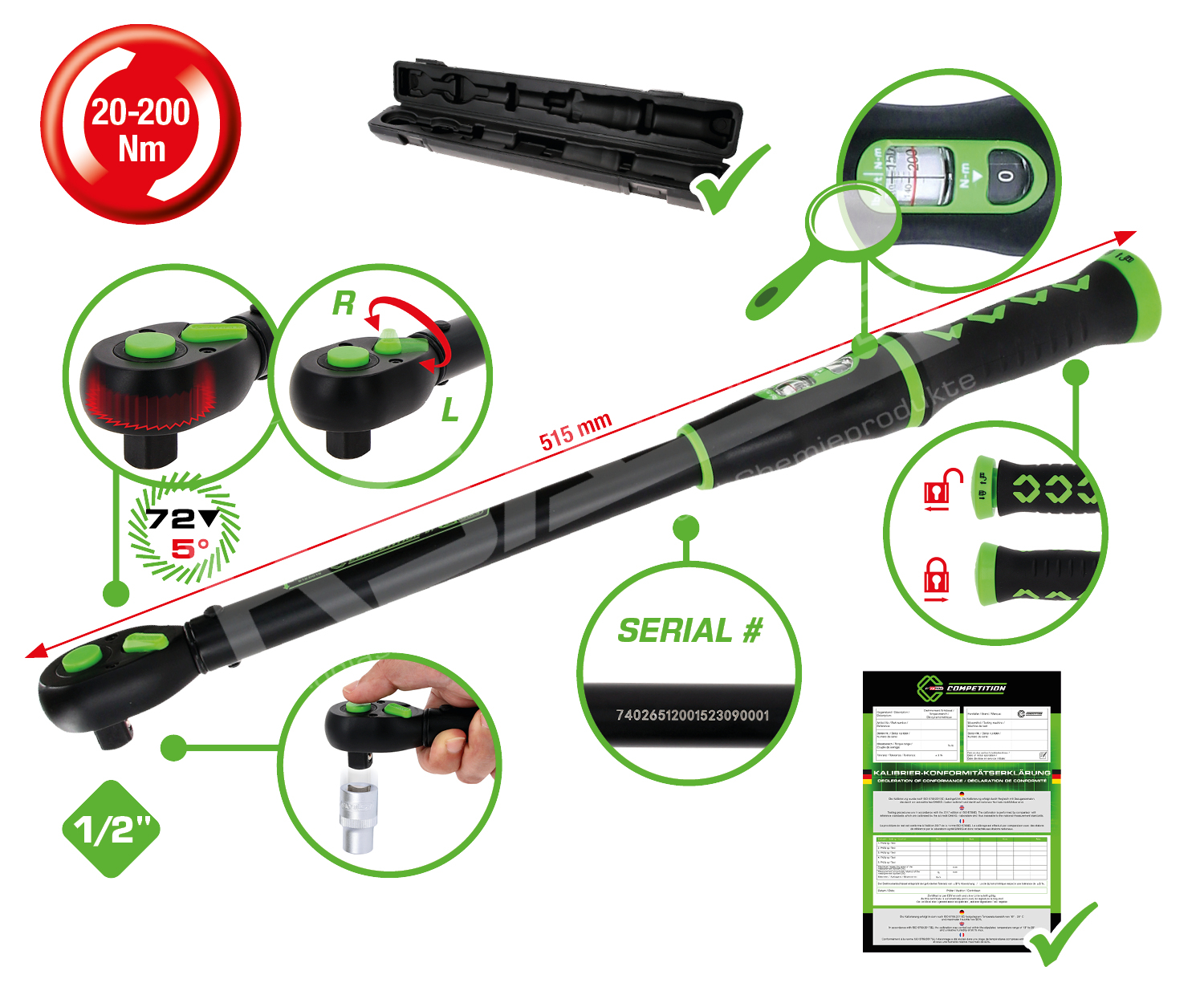 1/2″ COMPETITION Ratschen-Drehmomentschlüssel, 20-200Nm – Bild 3