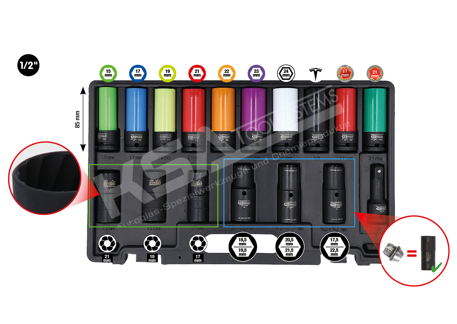 1/2″ MASTER Spezial-Kraft-Stecknuss-Satz für Radverschraubungen, 17-tlg – Bild 3